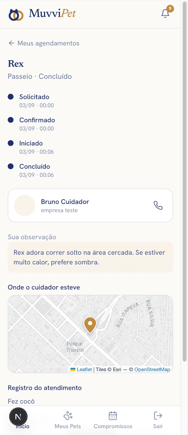 Tela de acompanhamento: linha do tempo do atendimento e o mapa de onde o cuidador esteve